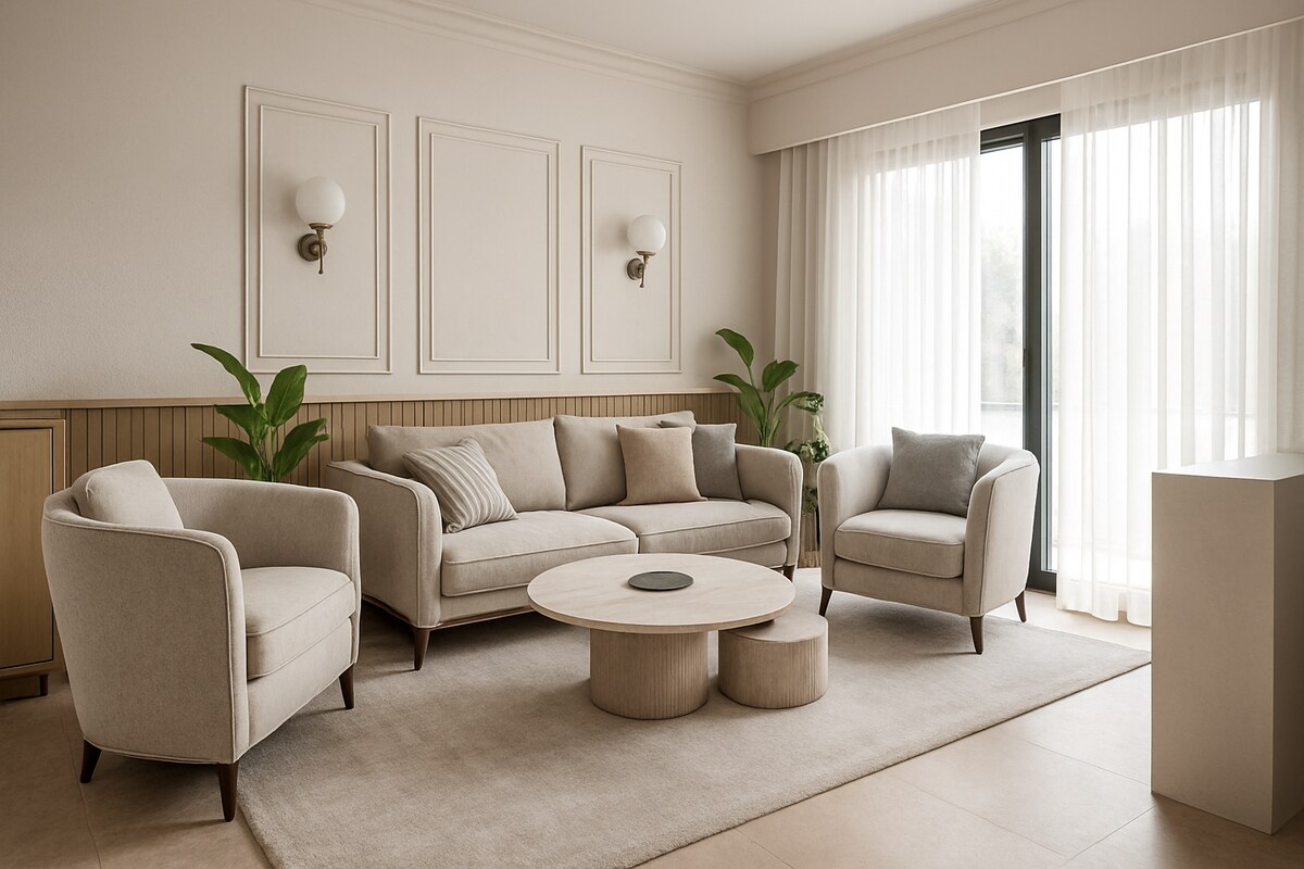 Medium Scandinavian Beige Living Room Design with Soft Neutral Palette
