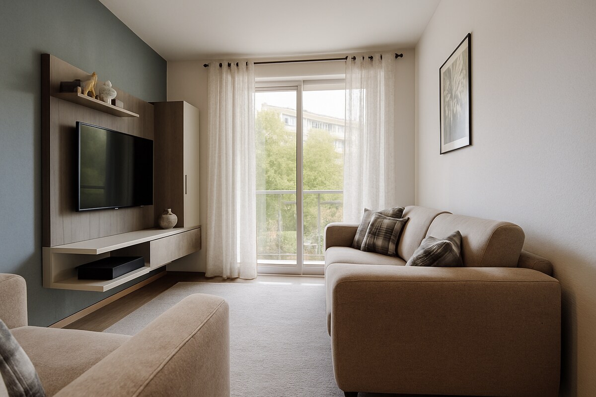 Compact Beige Living Room Design with TV Unit and Window Seating