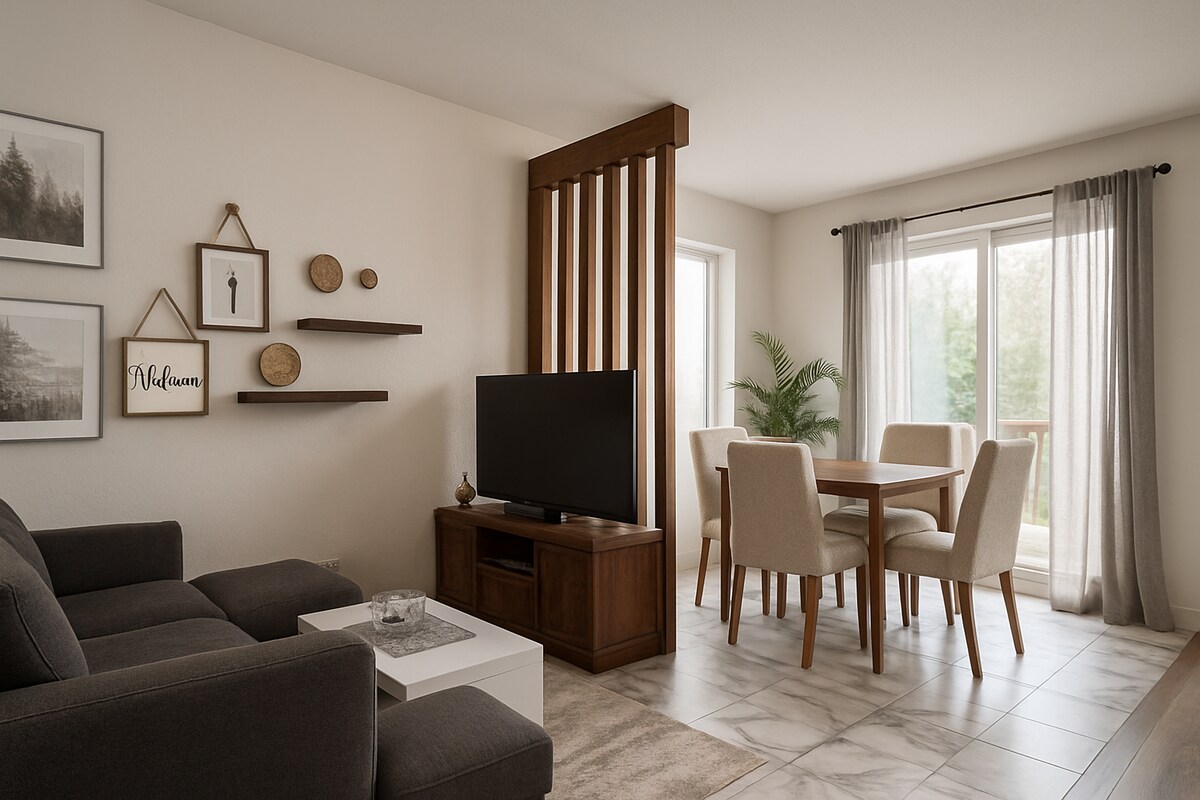 Medium Contemporary Open Living Room Design with Wooden Partition