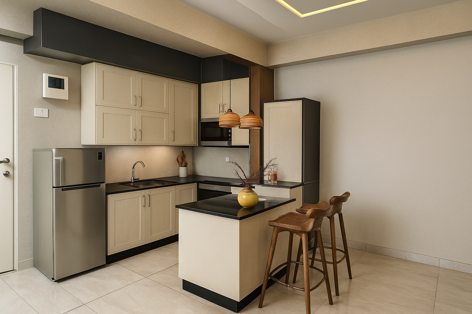 Medium Wooden Finish Modern L Shaped Modular Kitchen Design with Island ...