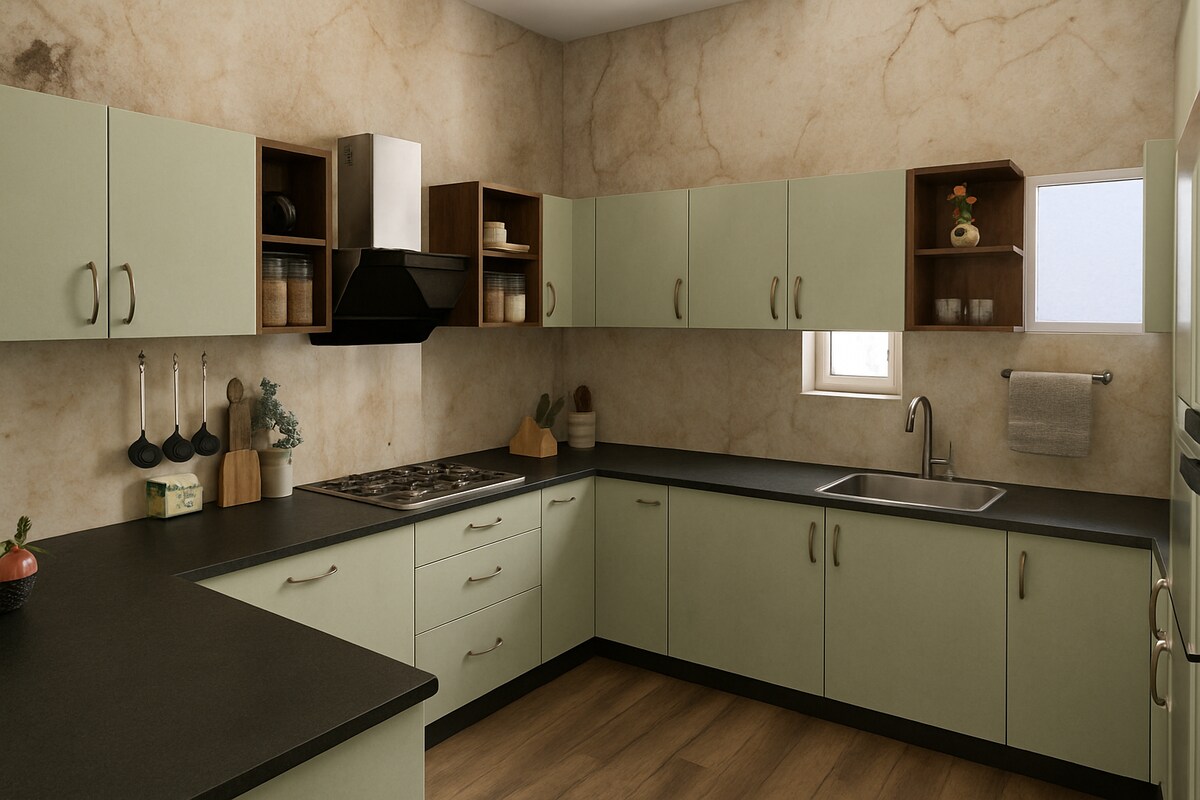 Contemporary Sage Green U Shaped Kitchen with Open Shelving