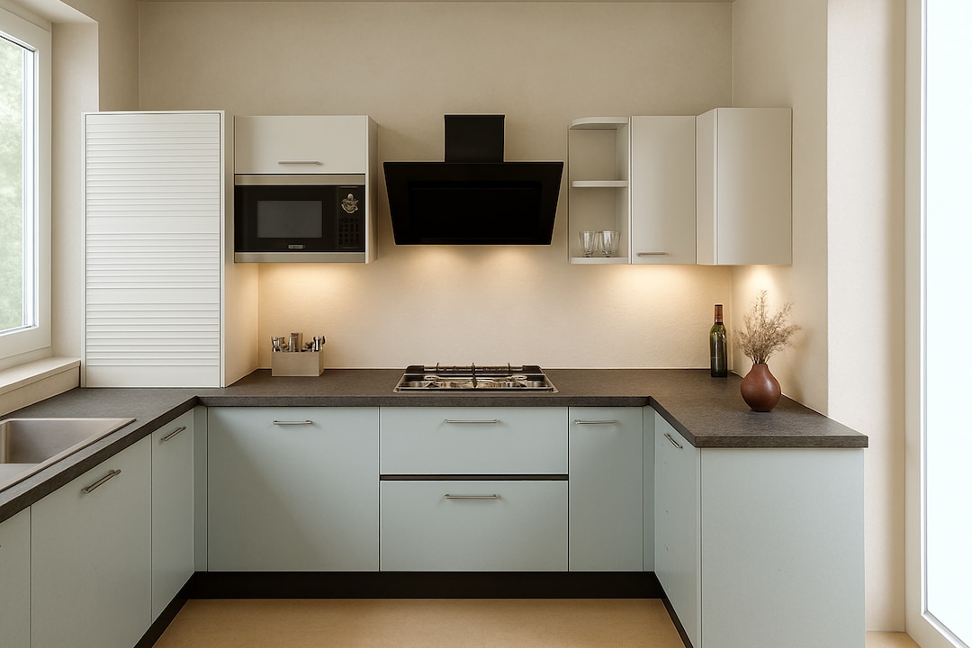 Soft Blue L Shaped Kitchen with Clean Minimal Look