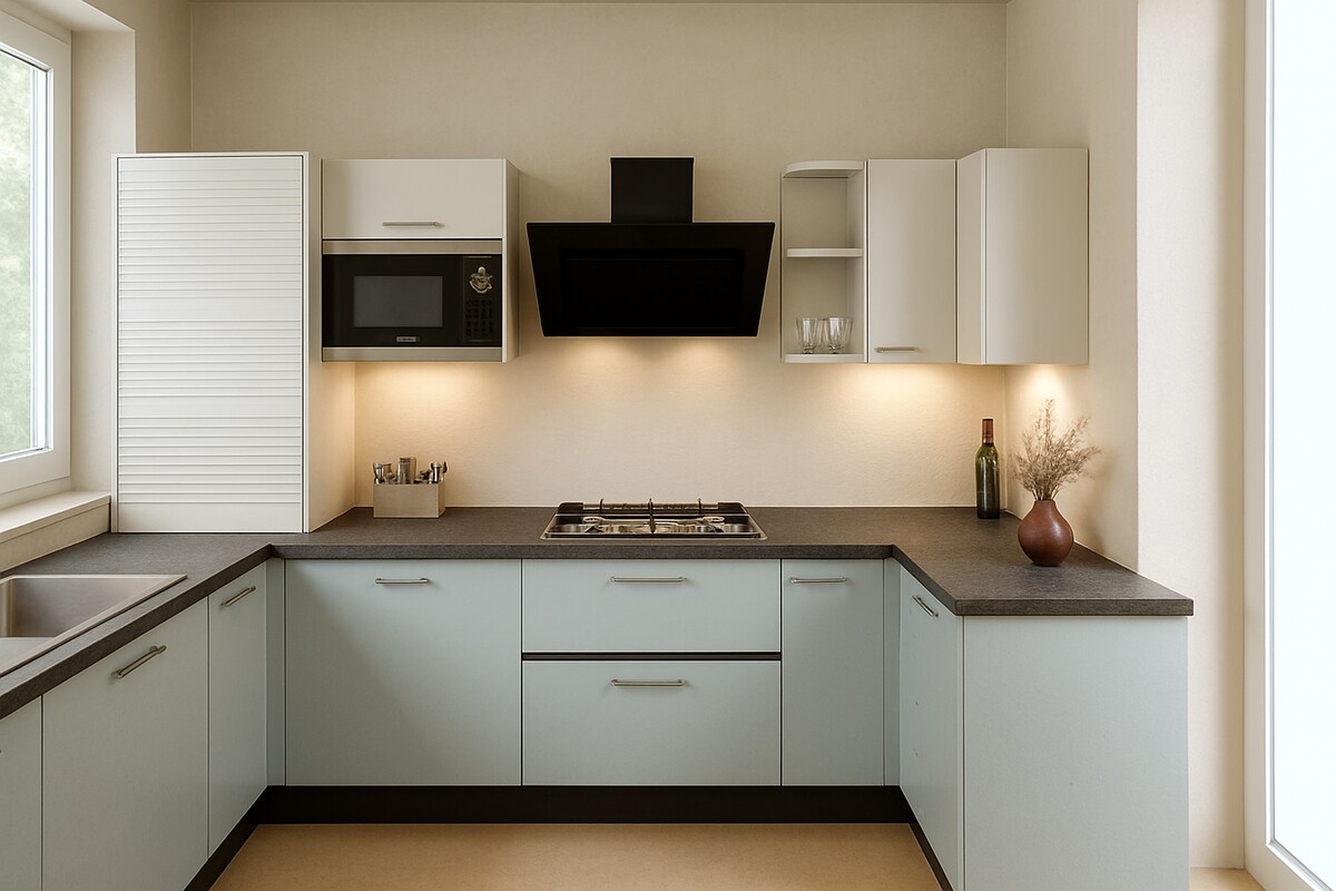 Soft Blue L Shaped Kitchen with Clean Minimal Look