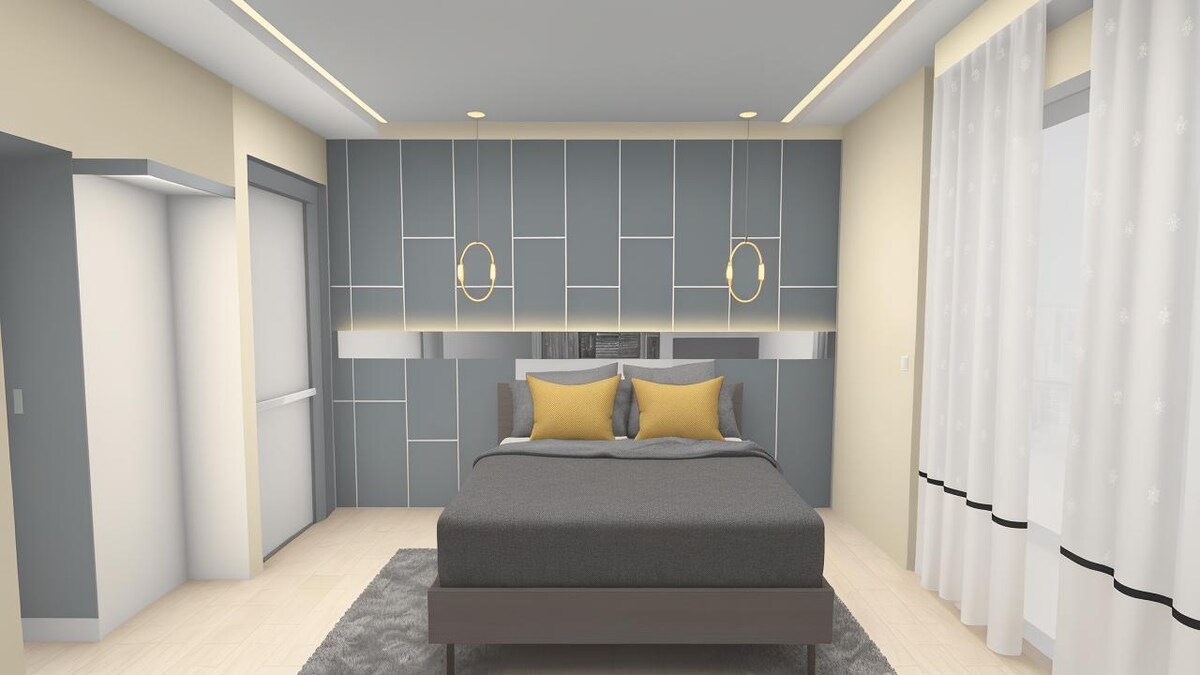 Bedroom with Panelled Head Wall and Pendant Lights