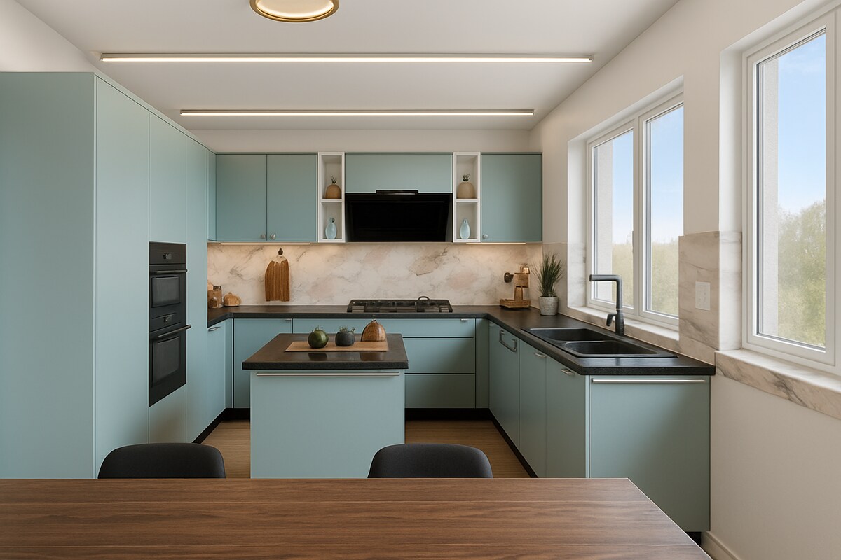 Contemporary Pastel Mint U Shaped Kitchen