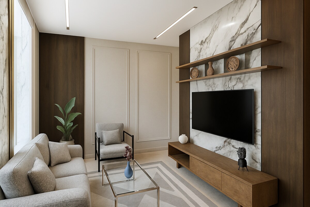 Medium Modern Neutral Living Room Design with Marble TV Wall