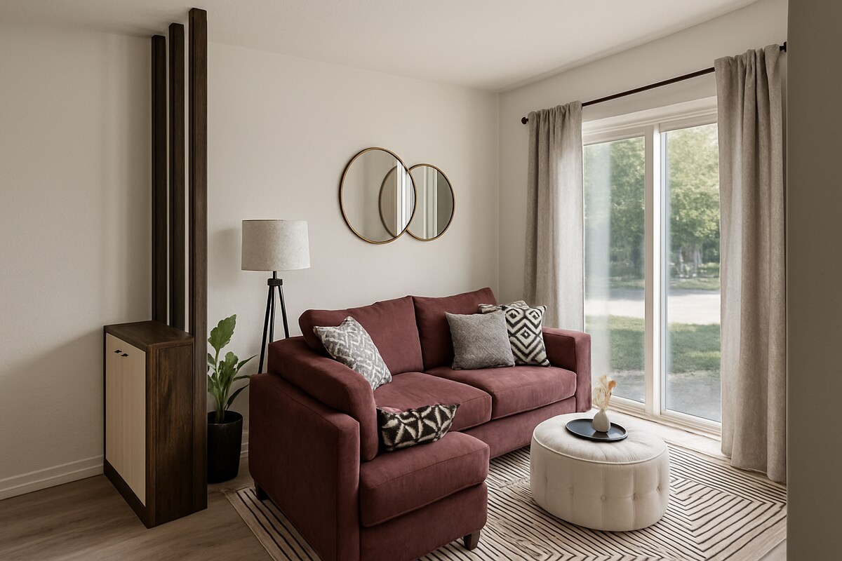 Compact Living Room Design with Red Sofa and Corner Seating