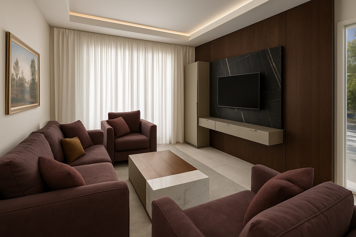 Warm Modern Living Room Design with Wooden TV Wall and Deep Seating