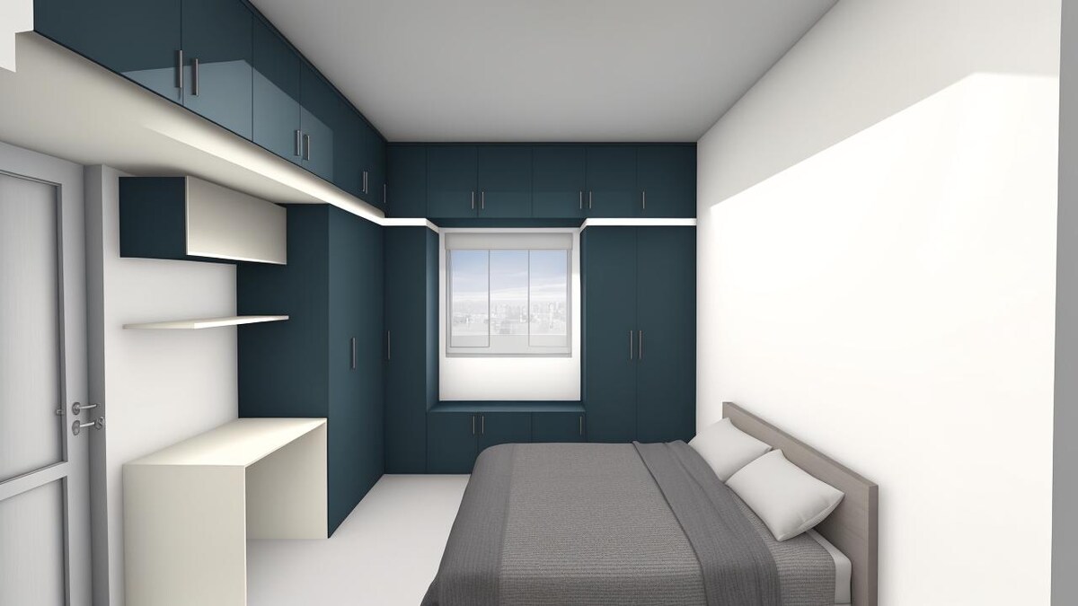 Bedroom with Blue Storage Units and Overhead Cabinets