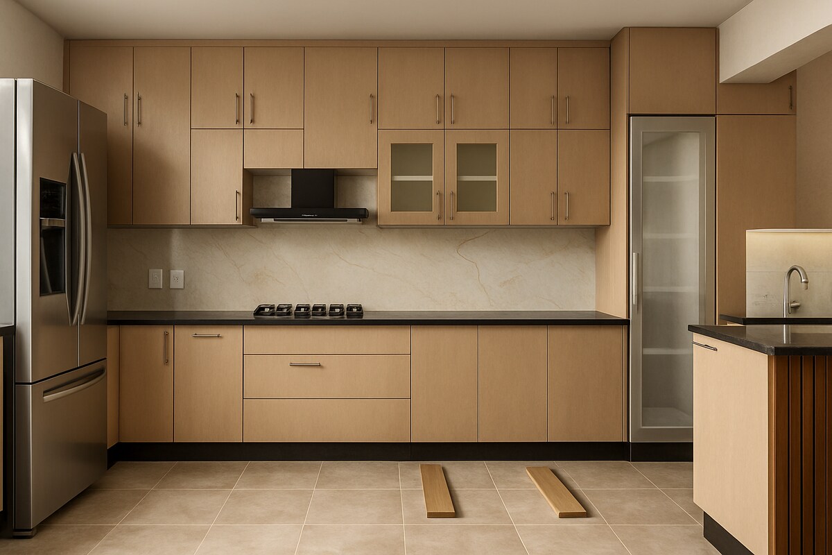Medium Wooden Finish Modern Straight Modular Kitchen Design