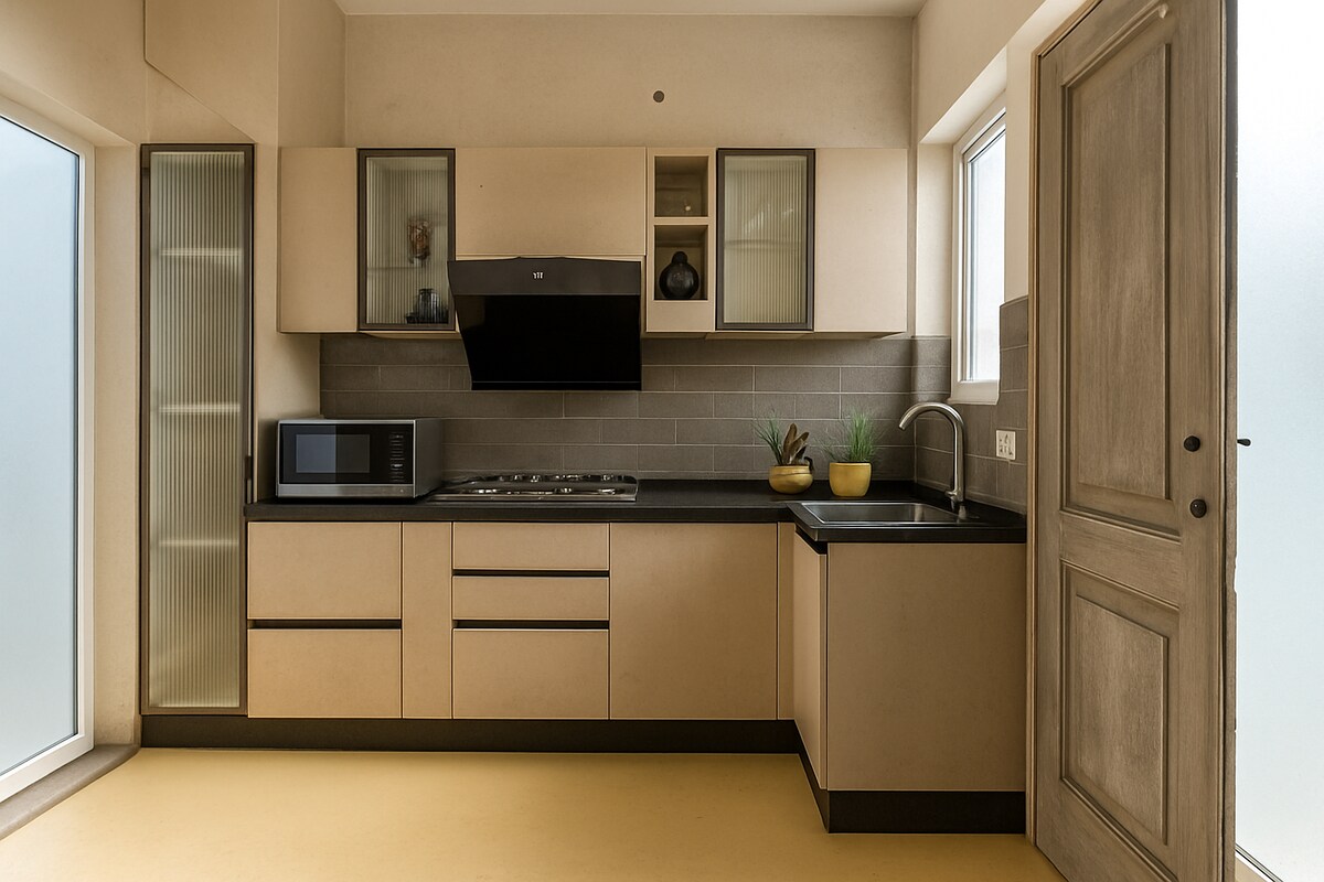 Contemporary Beige L Shaped Kitchen with Glass Cabinets