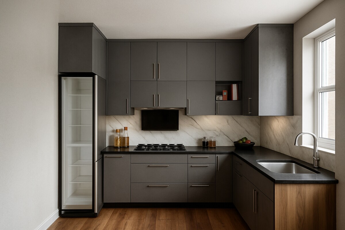 Modern Grey L Shaped Kitchen with Marble Backsplash
