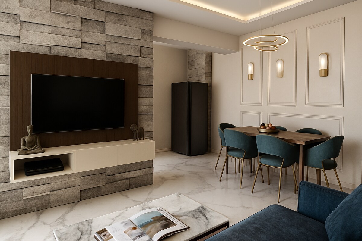 Modern Living Room Design with Stone TV Wall and Dining Corner